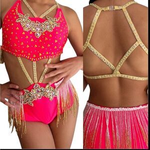 Glamour solo dance costume hot pink fringe embellishment rhinestone leotard SA